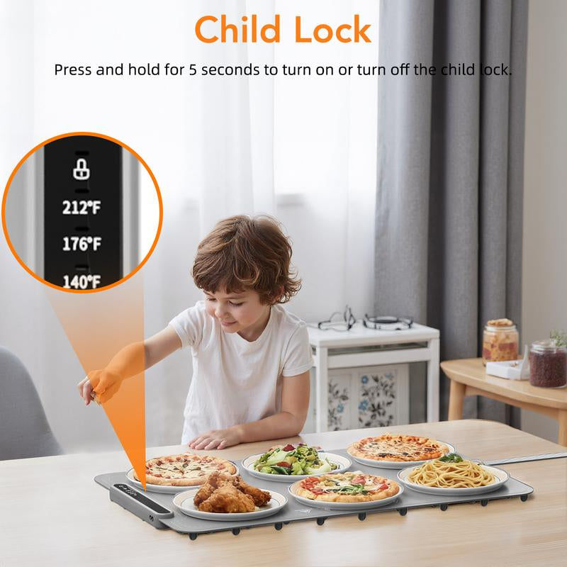 COWSAR Ultra-Thin Electric Food Warming Mat – Rapid Full-Surface Heating with 3 Temperature Settings, Child Lock Safety, and Portable Design for Home, Parties, and Travel