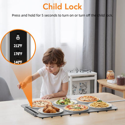 COWSAR Ultra-Thin Electric Food Warming Mat – Rapid Full-Surface Heating with 3 Temperature Settings, Child Lock Safety, and Portable Design for Home, Parties, and Travel